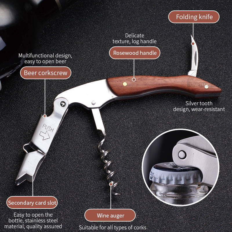 Onetwone Wood Handle Professional Waiter Corkscrew With PU Storage Bag, Stainless Steel Multifunctional Wine Opener & Foil Cutter
_voghion.com