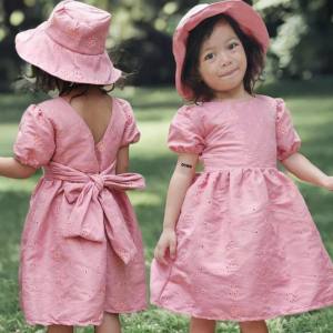 BKK KIDS PARTY DRESS SET W/ HAT/ RIBBON DRESS W/ HAT EYELET FABRIC HIGH & MALL QUALITY