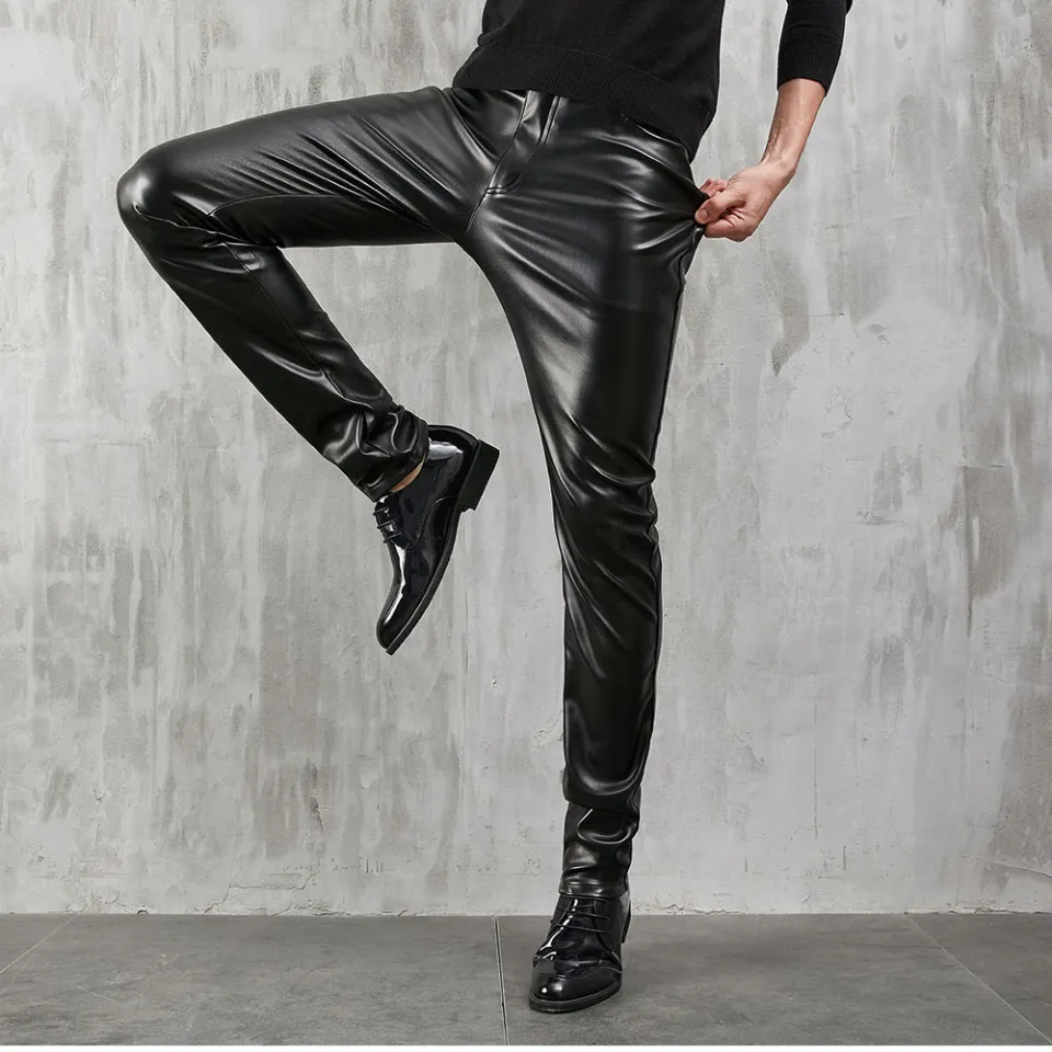 Men Skinny Leather Motorcycle Pants Hip Hop Rock Punk Slim Fit Pu Leather  Trousers Stage Clothes Black at Amazon Men's Clothing store