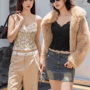 GUAIP Mesh Flower Slim Lace Crop Top Bottoming Shirt Sweet Girls Vest Top Korean Style Spicy Girls Style Camisole with Pads Lady