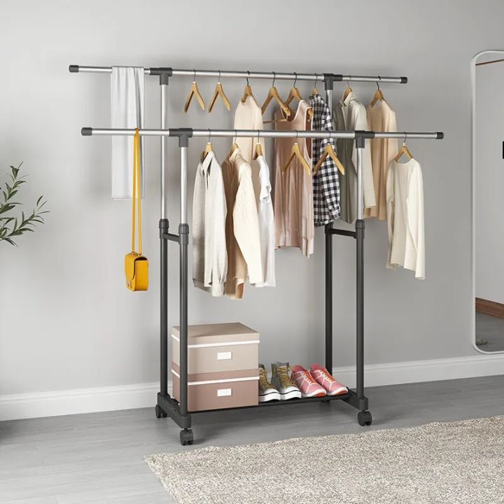 Adjustable Single & Double Pole Laundry Rack Indoor Outdoor Clothes Drying Hanger with Wheels