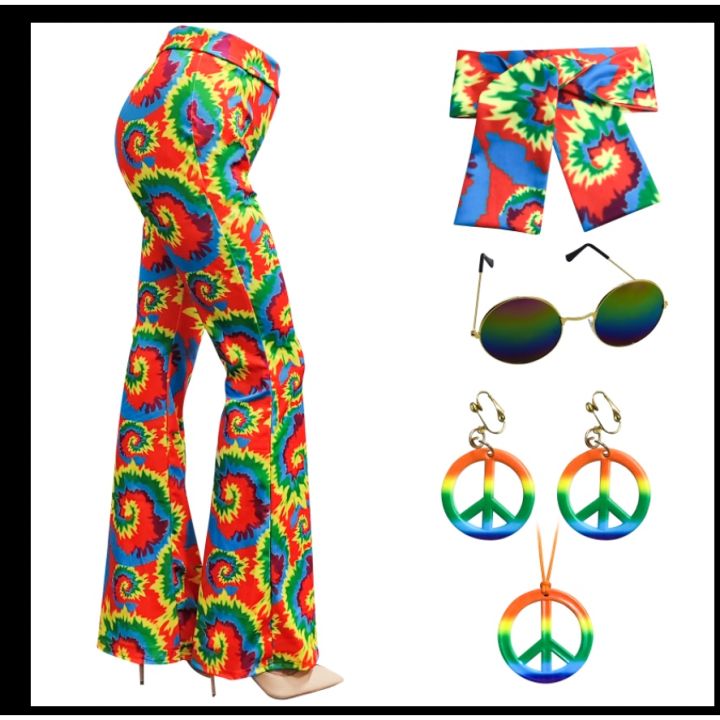 70s 80s Women Hippie Costume Set Bell Bottom Flared Pant for christmas  party Halloween Cosplay