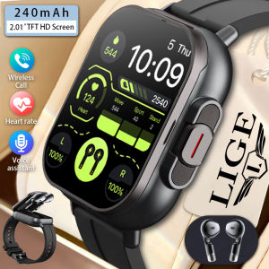 LIGE NFC Smart Men Watch TWS 2-in-1 Headset Bluetooth Call Heart Rate Blood Pressure Health Monitoring Headphones Play Music Smart Watches For Men + Box