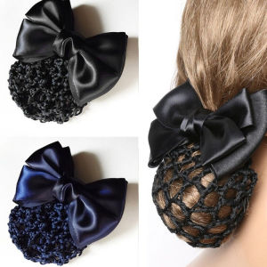 Korean Hairnet Ribbon Bow Barrette Hair Clip Cover with Net Bowknot Bun Snood for Office Work Restaurant Hair Tie