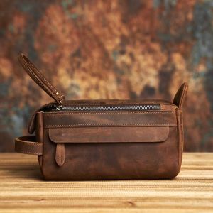 Retro European Cosmetic Bag Genuine Cowhide Cosmetic Bag Multifunctional Leather Handbag Crazy Horse Leather Toiletries Storage Bag NASVA