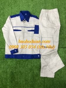 Quần áo bảo hộ lao động màu kem phối xanh vải kaki thấm hút mồ hôi M02