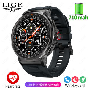 LIGE Men Sports Watches 710mAh Original Full Round Touch Screen Steel Strip Scratch resistant Bluetooth Calling Mens Smart Watch Waterproof watch for man+Free Box