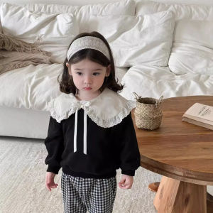 Childrens Autumn Outfit Korean Style Kids Clothing Baby Autumn Clothes Autumn Outfit Girls Lace Collar Sweatshirt Plaid Pants Set