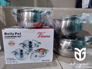 Panci Vienna 16cm 18cm 20cm Panci Belly Pot Set 3 pcs Tutup Kaca Panci Stainless Steel
