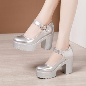 G7 Soft Leather Shoes Cheongsam Catwalk High Heels Women Thick Heels Thick Bottom Waterproof Platform Round Toe Large Size Professional Work Shoes Women Single Shoes 7/7