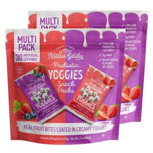 Natures Garden Probiotic Variety Pack Yoggies 21oz (30 x 0.7oz) Pack of 3 (Strawberry Yoggies 15x0.7 oz +Mixed Berry Yoggies 15x0.7 oz) Yogurt Covered Fruit Snacks High Fiber Real Fruit Pieces Office Snack Variety Packs For Adults Gluten Free
