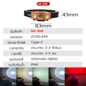 Tmall365 ไฟฉายคาดศีรษะ LED ชาร์จUSB Type C ไฟฉายคาดหัว ใช้ COB+ไฟ ไฟฉายติดหน้าผาก กันน้ำ IP44 มุมส่องสว่างกว้าง ช่วงแสงกว้าง