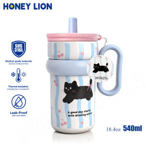 24oz Cute Cat Aesthetic Tumbler - Grade 316 Stainless Steel - 710ML Insulated Coffee Cup with Handle & Straw - Leak-Proof Gift for Girls- HoneyLion