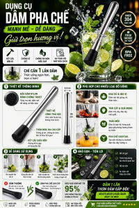 Dụng Cụ Bartender Dầm Pha Chế Inox 304 Chày Dầm Mojito Cocktail Dầm Trái Cây Chống Trượt