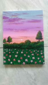 Hiasan Dinding Dekorasi Ruang Tamu Lukisan Pemandangan Bunga Senja Aesthetic Bahan Kanvas Ukuran 30x40cm