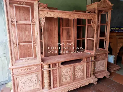 Tủ Tivi 2 Tầng Mẫu Thông Mai Cúc Trúc Tủ Gỗ Hương ĐáKích Thước Ngang 260 Cao Lên 217 Sâu 48 Tủ Hoàn Thiện Pu