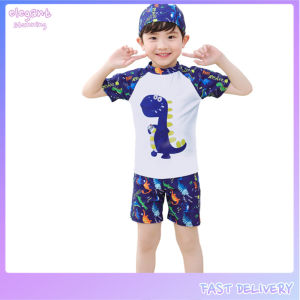 elegantstunning 3Pcs/set Boy Kid Split Swimsuit Tops + Shorts + Hat Short Sleeve Cartoon Surfing Swimwear for 3-13Y