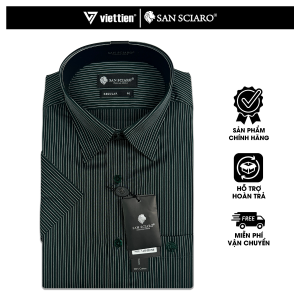 SAN SCIARO - Áo Sơ Mi Nam Tay Ngắn Màu Xanh - Đen Sọc Dọc Form Regular Lai Bầu Việt Tiến Cao Cấp