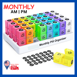(READY STOCK) Bekas Penyimpan Ubat Pil Monthly Pill Box Organizer AM PM Twice a Day 30 Day Pill Storage Case Portable One Month Pill Cases 药盒