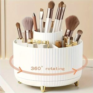 360° Rotating Makeup Organizer - 1pc Plastic Cosmetic Storage with 5 Compartments - Multi-Functional Holder for Brushes Lipsticks Skin Care Products and Stationery - Durable Unscented Desk Caddy with Luxury Stripe Design