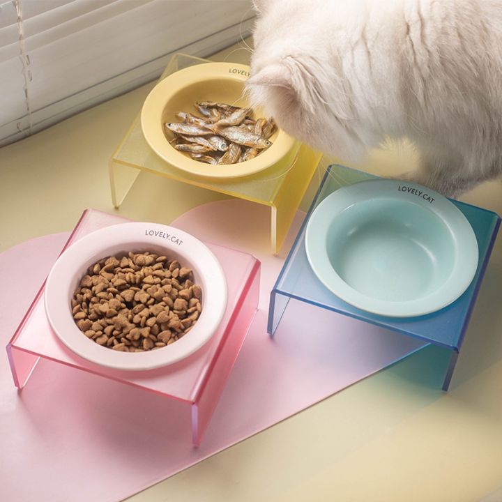 Ceramic cat Bowl with Acrylic Feeder Stand，Neck Protection Pet Bowl