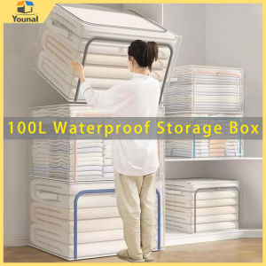 【Buy 1 take 1】Younal Large Capacity Transparent boxFoldable Storage Box for clothes PVC Nylon Waterproof and moisture-proof Sundries Organizer box Stackable megabox With Steel Frame Dual Zipper