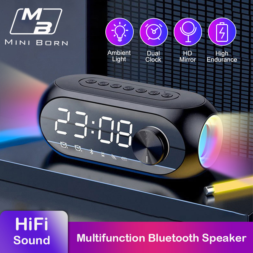 Mini Born Mirror Bluetooth Speaker Alarm Clock Bluetooth Speaker Digital Display Radio LED Wireless Subwoofer Music Player Table Clock Multifunction _voghion.com