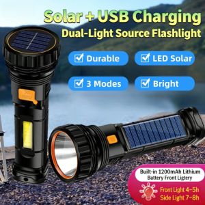 Solar Flash Light USB Charging 3 Modes Extremely Bright Handheld Lamp with COB Side Light Durable