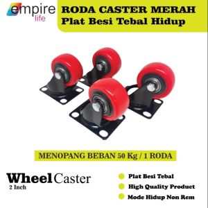 Roda caster Merah Plat Tebal  Hidup Tanpa Rem  2 Inch