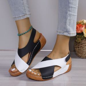 [Free Shipping] Womens Summer New Large Size Peep-Toe Cross-Strap Platform Thick-Soled Velcro Sandals 43