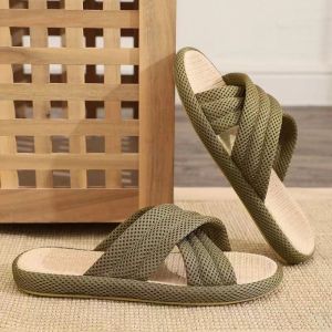 ZEEMIN Mans Summer New Four Seasons One Word Linen Slippers Soft Sole Non Slip Sweat-Absorbing Silent Home Slippers