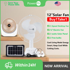 POWERPH 12 Inch Rechargeable Solar Fan With 3W Solar Panel 2 LED Lights + Portable Round Mini Desktop Fan With Quiet Design USB Charger And Built-In Battery