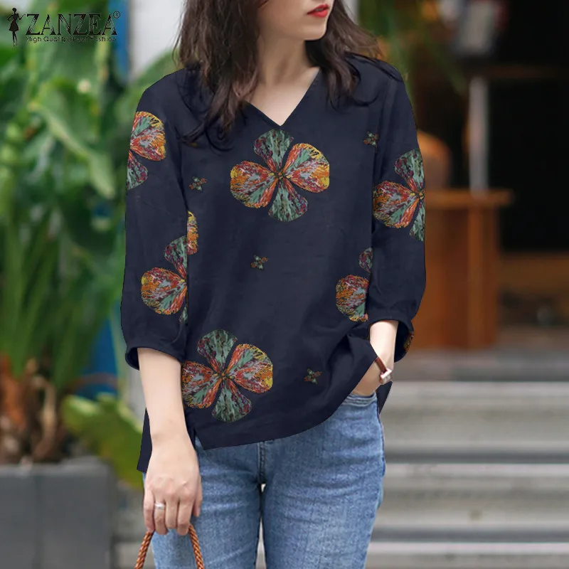 ZANZEA Womens Vintage Loose V-Neck High Low Blouse Simple Cotton 3/4 Sleeve  Floral Printed Tops S01