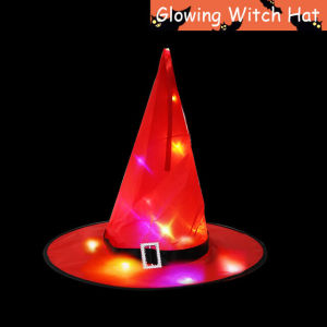 Light Up Witches Hat Halloween Hanging Decor LED Glowing Witch Cap for Outdoor Yard Tree Porch Decoration Cosplay Party Supplies Battery Included Holiday Prop Decor