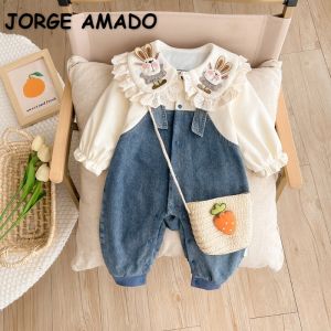 New Spring Autumn Baby Girl Rompers Lace Doll Collar Cartoon Rabbit Patchwork Denim Jumpsuit Newborn Hundred Days Clothes E23852026