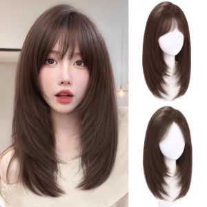 SUTONGXUE Tóc xương đòn Tóc giả tổng hợp có mái Kẹp vào Nhiều lớp Khối thay thế chia giữa Mảnh tóc giả Lông mịn Tóc Thẳng Dài Dành cho Nữ