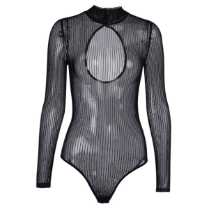 Cutout Backless Sheer Mesh Bodysuit for Nightclub Party Womens Long Sleeve Mock Neck T-Shirt Skinny Jumpsuit Leotard