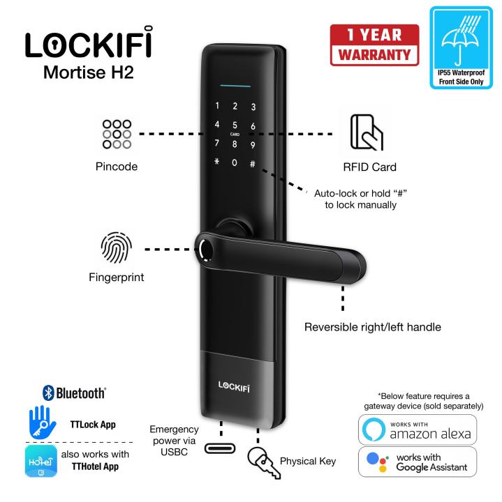 Lockifi Smart Lock Lever Handle Mortise H2 Black - TTLock app