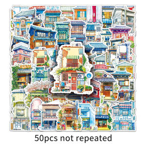 50pcs Japanese Street Shop Sticker Hokkaido Street View Retro House Cartoon Outdoor Scenery Series Waterproof Fashion Decal Sticker