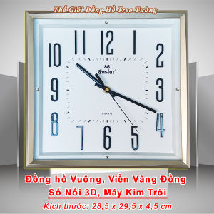 Đồng Hồ Treo Tường KIM TRÔI Nhật EASTAR Cao Cấp Vuông Viền Vàng Hình Kim Tự Tháp – Số nổi 3D – Tặng Pin Maxell