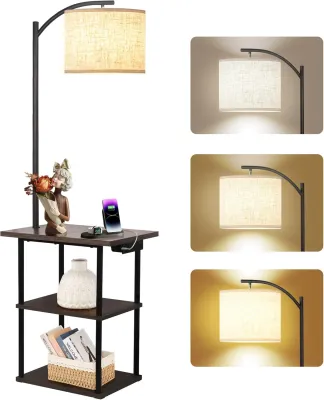Floor Lamp with Shelves Modern Standing Shelf Lamp with 3 CCT LED Bulb and White Shade