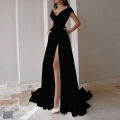 FALLEG Evening Dresses V-Neck Slit A Line with Pockets Wrap Drerss Mid-waist Long Dresses. 
