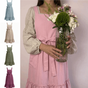 TEA7146 Solid Color French Pastoral Apron Vintage Ruffled Hem Retro European Apron Kitchen Clothes Artistic Kitchen Apron Garden Work
