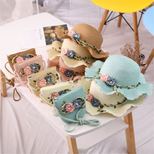 【COD+IN STOCK】 Girls Flower Summer Wide Brim Hat Casual Toddler Baby Girls Straw Hat with Shoulder Bag Sun Beach Travel Sunshade Caps