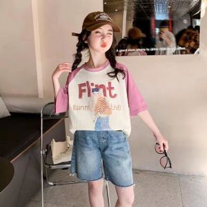 oKME เสื้อยืดเด็กผญ เสื้อเด็กหญิง พิมพ์ลายกราฟิกกระต่าย เสื้อเชิ้ตแขนสั้นเด็กผู้หญิงหลวมและสวมใส่สบาย