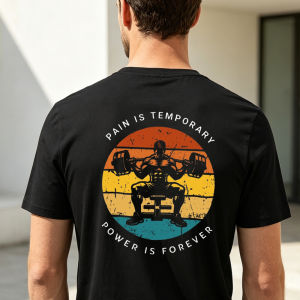 [Local Stock] HBESTY  Pain Is Temporary Power Is Forever Summer Men Cotton Tshirt Weightlifting Man Sunset Retro Graphic Versatile Short Sleeve Outfit