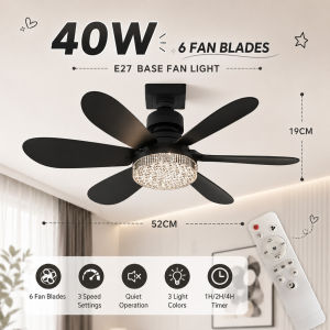 E27 LED Crystal Ceiling Fan Light 6 Blades Remote Control 3 Color Dimmable Bedroom Living Room Fan Lamp