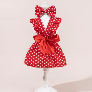 NOBLELUX Polka Dots Printing Cat Dog Princess Dress Flying Sleeve Bow Headband Pet Dress Cute XS-Xl Size Pet Skirts Spring Summer