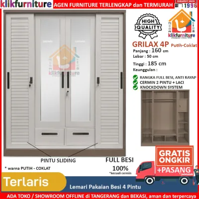 KLIKFURNITURE Lemari Pakaian Besi 4 Pintu Sliding Cermin PRAHA 4P + 2 Laci
