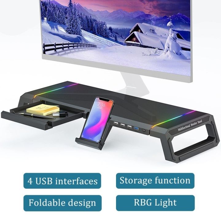 T1 RGB Desktop Monitor Riser Multifunction Foldable USB Computer Screen ...